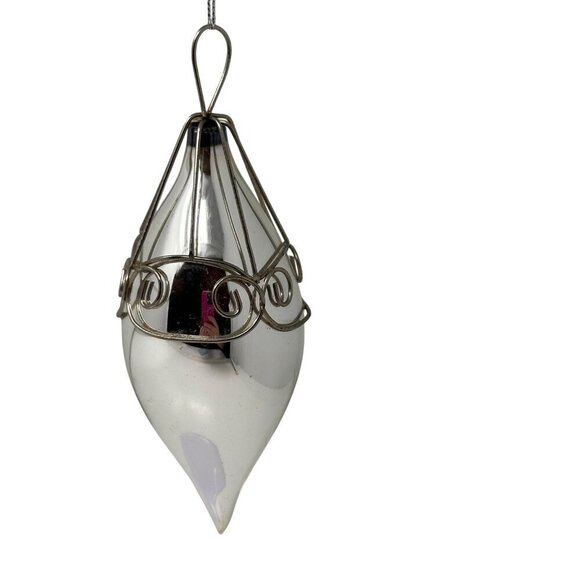 Vintage Silver Blown Glass Teardrop Christmas Ornament Wire Cage Mercury Finish - Picture 2 of 16